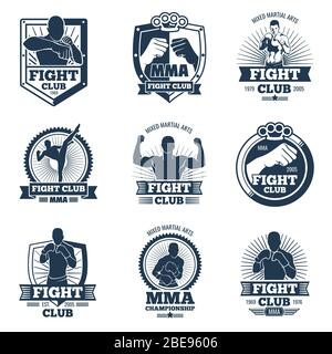 Emblemi vettoriali e etichette retro mma. Logo vintage del club di lotta. Logo emblema sport boxing e mma club illustrazione Illustrazione Vettoriale