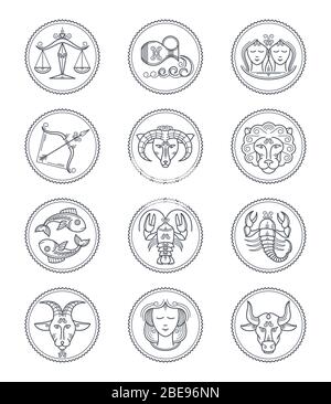 Icone di linee vettoriali di astrologia vettoriale di zodiaco. Ariete e toro, gemelli e cancro, leone e vergine, libra e scorpione, sagittario e capricorno, acquario e pesci segni. Illustrazione dei simboli di stile della linea dell'oroscopo Illustrazione Vettoriale