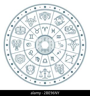 Cerchio di oroscopo astrologico con segni zodiacali sfondo vettoriale. Forma simbolo calendario oroscopo, raccolta zodiacale animali illustrazione Illustrazione Vettoriale