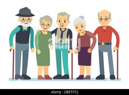 Gruppo di personaggi cartoni animati di persone anziane. Illustrazione del vettore degli amici anziani felici. Pensione di amici nonna e nonno Illustrazione Vettoriale