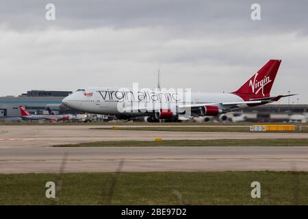 Virgin Atlantic 747 decollo di Manchester Foto Stock