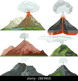 Ha sparato le montagne del vulcano con magma e lava calda. Eruzione vulcanica con nubi di polvere vettore set. Vulcano con lava, roccia vulcanica di montagna con immagine magma caldo Illustrazione Vettoriale