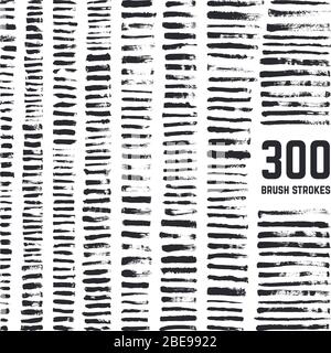 Grunge elementi artistici pennello. Texture mano libera nero pennelli sporchi e tratti ruvidi grande collezione vettoriale. Illustrazione della grunge di forma in difficoltà Illustrazione Vettoriale