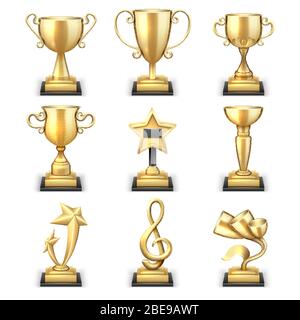 Set vettoriale realistico per coppe da trofeo d'oro e premi sportivi. Premio e premio sportivo trionfale, illustrazione della coppa d'oro del trofeo vincitore Illustrazione Vettoriale