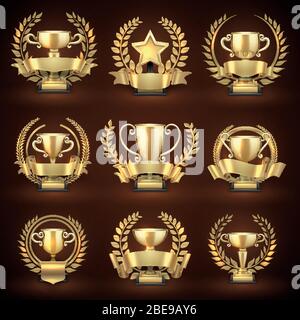 Coppe trofei vincitori d'oro, premi sportivi con corone d'oro e nastri. Campionato emblema e collezione leadership. Illustrazione vettoriale Illustrazione Vettoriale