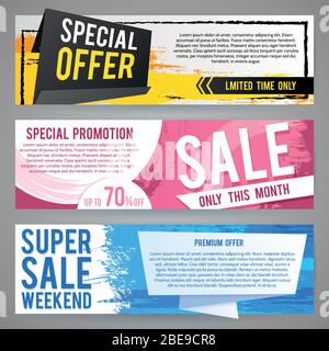 Buoni regalo astratti o banner di vendita con offerte di sconto e set di vettori di disegno a tratto di pennello. Carta promozionale di vendita, illustrazione del poster dell'offerta super Illustrazione Vettoriale