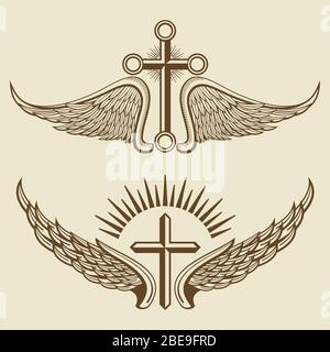 Elementi vettoriali vintage cross e wings. Illustrazione araldica dell'emblema grafico Illustrazione Vettoriale