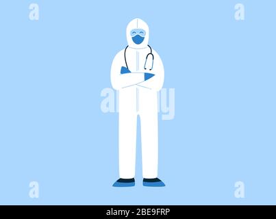 Illustrazione vettoriale in stile piatto. Grazie medici e infermieri che aiutano le persone a far fronte al nuovo coronavirus COVID-19. Uomo in abito bianco e nocciola e. Illustrazione Vettoriale