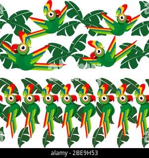 Design tropicale senza cuciture con foglie di palma e pappagalli. Illustrazione vettoriale Illustrazione Vettoriale
