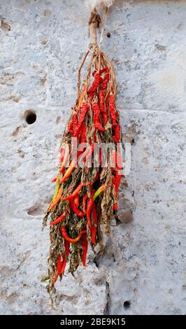 Un mazzo di peperoncini secchi appeso fuori da una casa per asciugare su un muro imbiancato Foto Stock