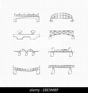 Collega le icone delle linee sottili sulla pagina del notebook. Set di ponte, illustrazione vettoriale Illustrazione Vettoriale