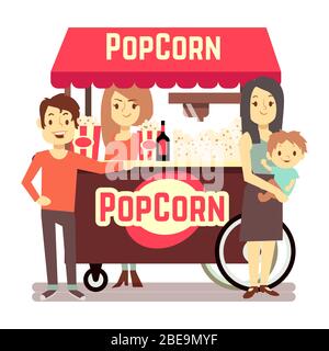 Famiglia acquista popcorn da un venditore cute della ragazza. Vettore di stand popcorn, illustrazione del mercato degli snack alimentari Illustrazione Vettoriale