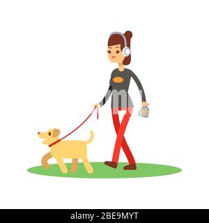 Cani concetto di camminare pulito - ragazza cammina cane isolato su bianco. Passeggiata vettoriale con illustrazione del cane Illustrazione Vettoriale