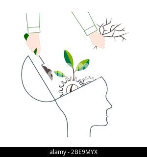 Simbolo di psicoterapia o NLP, icona di elaborazione del linguaggio naturale o di crescita mentale. Sviluppo personale e concetto di miglioramento di sé. Testa umana Illustrazione Vettoriale