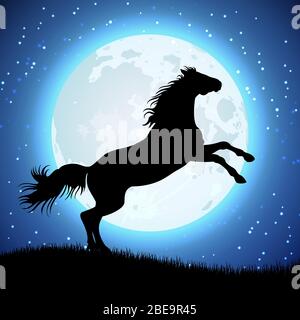 Silhouette di cavallo sullo sfondo lunare. Animale in luce luna. Illustrazione vettoriale Illustrazione Vettoriale