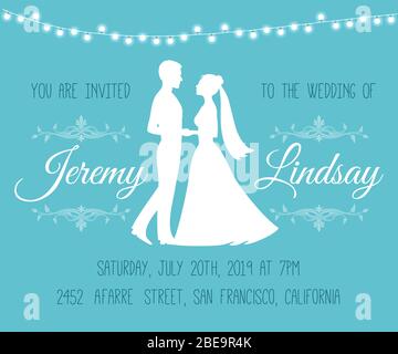 Invito al matrimonio con silhouette di sposa e sposo. Matrimonio e matrimonio di coppia di amore, illustrazione vettoriale Illustrazione Vettoriale
