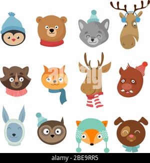 Inverno natale felici animali cartoni animati personaggi. Teste di animali con neckerchief e cappelli vettore set. Illustrazione degli animali di carattere invernale Illustrazione Vettoriale