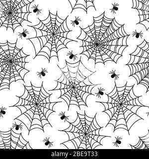 Halloween party decorazione ragno web senza cuciture modello con ragno spiderweb e velenoso ragno. Illustrazione vettoriale Illustrazione Vettoriale