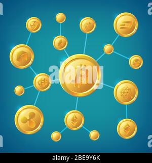 Blockchain, criptovaluta e decentralizzazione dei bitcoin concetto di vettore di transazione internet anonimo. Illustrazione della criptovaluta delle transazioni di processo Illustrazione Vettoriale