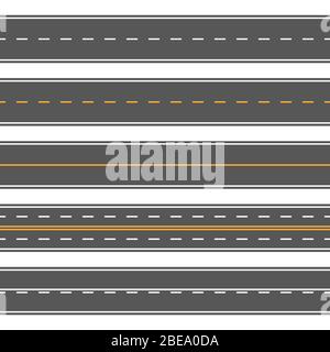 Strade rettilinee orizzontali senza giunture. Moderne autostrade ripetitive per asfalto. Strada asfaltata diritto senza giunture, strada autostrada per l'illustrazione del trasporto Illustrazione Vettoriale