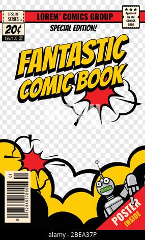 Modello vettoriale di copertina del fumetto. Poster del fumetto, illustrazione della pagina della rivista modificabile Illustrazione Vettoriale