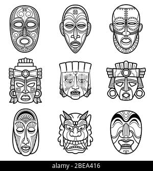 Set di maschere tribali storiche indiane aztec e africane. Maschera facciale nativa illustrazione vettoriale Illustrazione Vettoriale