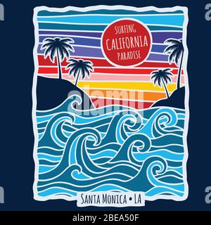 Estate d'epoca california surf t shirt stampa disegno vettoriale illustrazione. T-shirt con spiaggia e palme tropicale Illustrazione Vettoriale