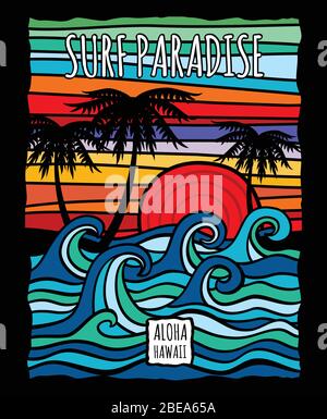 Grafica di surf vintage hawaii Aloha con onde oceaniche e palme vettoriale t-shirt design. Surf oceano onda e palma, albero in colore vintage stile illustrazione Illustrazione Vettoriale