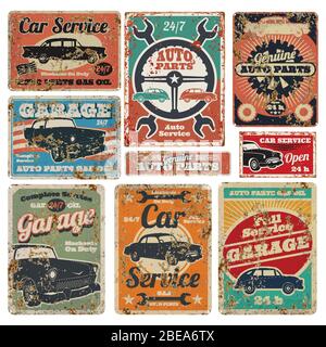 Vintage servizio di riparazione di veicoli stradali, garage e auto meccanica pubblicità vettore segni di metallo. Servizio di riparazione garage vecchia illustrazione banner Illustrazione Vettoriale