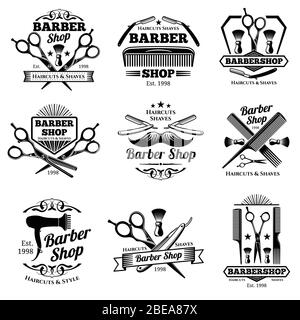 Emblemi vettoriali e etichette per barbiere d'epoca. Badge Barber e loghi. Logo barbershop e barbiere etichetta vintage e badge illustrazione Illustrazione Vettoriale