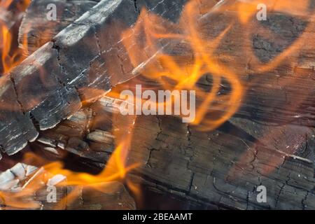 legna da ardere foto closeup, legno bruciato nero e fiamma arancione Foto Stock