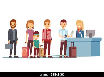 Le persone si accodano in aeroporto al banco di registrazione. Concetto di vettore di viaggio e di vacanza. Accodare i turisti all'illustrazione del banco di controllo Illustrazione Vettoriale