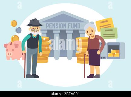 Buon anziano anziano che risparmia denaro pensione. Caratteri per il piano di pensionamento e il concetto di vettore di programma di finanza personale. Servizio pensionistico, pianificazione della pensione illustrazione degli investimenti Illustrazione Vettoriale