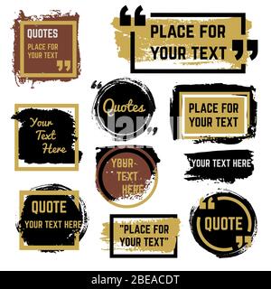 Virgolette con cornici e ruvida trama di pennello stressato insieme di vettori. Rappresentazione del fotogramma di emergenza del parlato di citazione, tratto di pennello a bolla di grunge Illustrazione Vettoriale