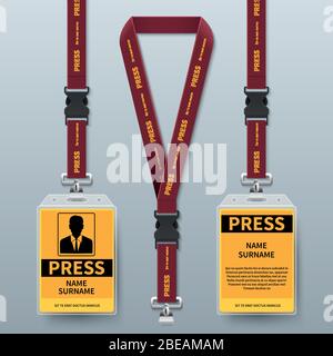 Business press pass id carta badge cordino realistico vettore mock up isolato. Titolare e cordino, carta d'identità per la sicurezza dell'illustrazione della conferenza Illustrazione Vettoriale