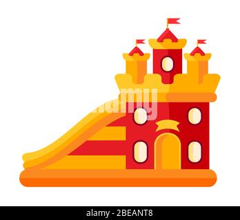 Colorato castello rimbalzante nel parco divertimenti piatto. Aria trampolino castello in stile cartoni animati. Parco giochi sulla luna Park. Festival all'aperto estate bambini tempo di divertimento. Illustrazione vettore isolato Illustrazione Vettoriale