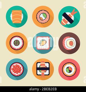 Icone vettoriali sushi e rolls. Illustrazione piatta Longshadow su sfondo chiaro Illustrazione Vettoriale