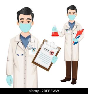 Medico che lavora in ospedale durante l'epidemia di coronavirus Covid-19, serie di due pose. Medico personaggio cartoon medico. Illustrazione vettoriale Illustrazione Vettoriale