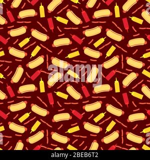 Fast food con motivo senza cuciture - ketchup di salsiccia hot dog e senape senza cuciture texture. Illustrazione vettoriale Illustrazione Vettoriale