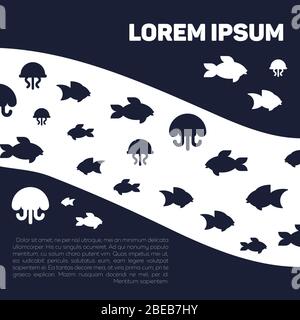 Blu vita marina o oceano con pesci e meduse. Poster con illustrazione vettoriale Illustrazione Vettoriale