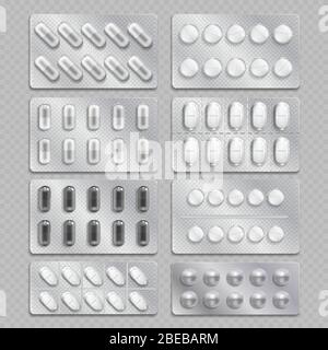 Realismo 3d farmaci confezionamento, painkiller pillole isolato su sfondo trasparente. Confezione di farmaco in capsula di vitamina, illustrazione farmaceutica di cura medica Illustrazione Vettoriale