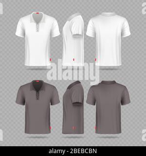 Set di t-shirt da uomo bianco nero isolato su sfondo trasparente. T-shirt, modello di abbigliamento con colletto Illustrazione Vettoriale