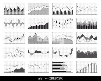 Grafici di analisi delle scorte o grafici finanziari dei dati aziendali isolati su sfondo bianco. Grafico e grafico, crescita e progresso del diagramma finanziario, illustrazione vettoriale Illustrazione Vettoriale