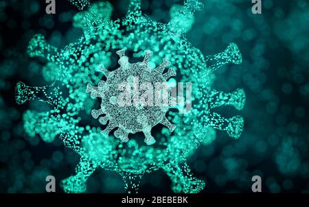 Un virus tecnico - medico e vaccino di fondo ricerca fatto da particelle incandescenti. Illustrazione 3D