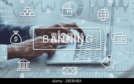Finanziere afro-americano irriconoscibile utilizzando il sistema bancario online, closeup. Collage con icone. Panorama Foto Stock
