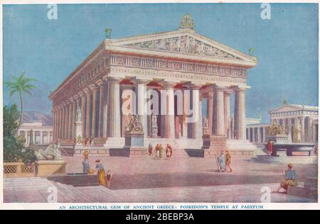 Illustrazione del '900 dell'antica Grecia: Il Tempio di Poseidone a Paestum. Foto Stock