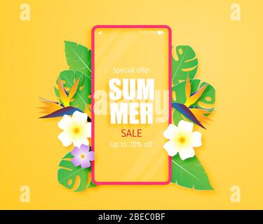 Banner o poster vendita estate con foglie tropicali, fiore e mobile in stile taglio carta. Arte e artigianato per la promozione dello shopping in estate. Illustrazione Vettoriale