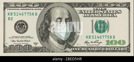 Un disegno di legge da 100 dollari con maschera facciale di Benjamin Franklin del Coronavirus COVID-19 negli Stati Uniti. Foto Stock