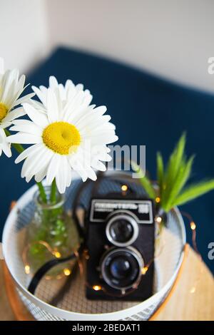 Vecchia macchina fotografica rustica vintage con un bouquet di fiori a margherita su un asse di legno. Primo piano, bokeh. Vista dall'alto. Foto Stock