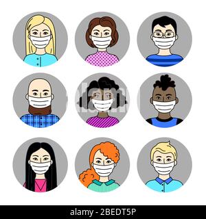 Persone che indossano maschere facciali, uomini e donne, diverse nazionalità. Set di pittogrammi vettoriali, raccolta di semplici segni piatti. Respiratori per prevenire UN Illustrazione Vettoriale